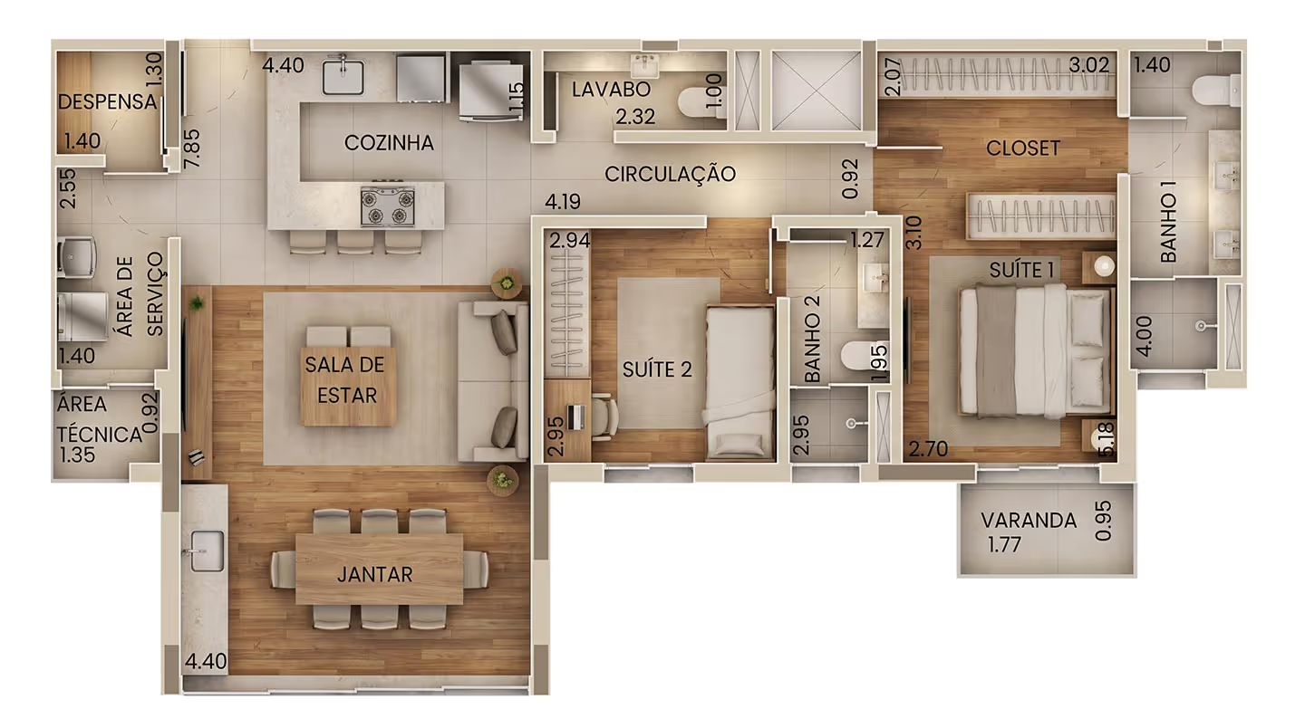 Planta humanizada 2 suítes de 95 m²